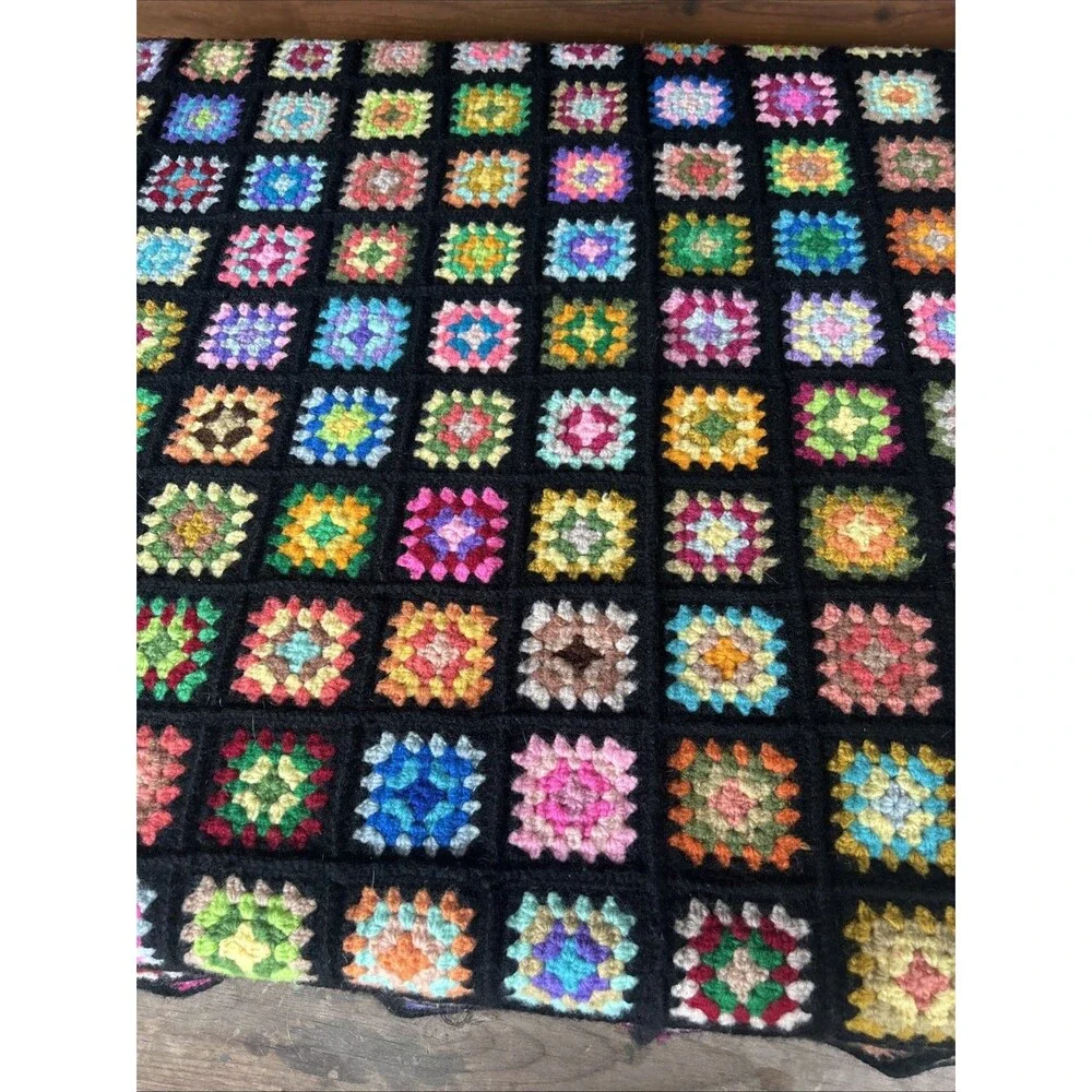 Vtg 1970s Heavy Granny Square Afghan Blanket 56x76 Black Border Retro Throw
